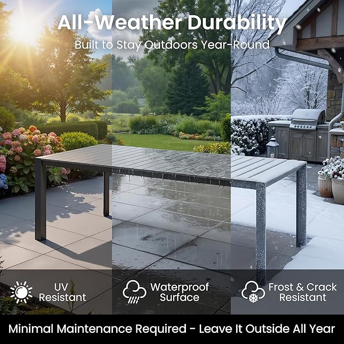 Crestlive Products Outdoor Dining Table for 6, 71in Aluminum Patio Table with Umbrella Hole Weather-Resistant Rectangle Outside Table for Garden Backyard Indoor, Grey