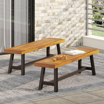 Outdoor Bench Set of 2 - Modern Industrial Acacia Wood Patio Benches, Weather-Resistant Powder-Coated Metal Frame & Slat Design, Backyard Garden Seating (63" W Each) (Brown)