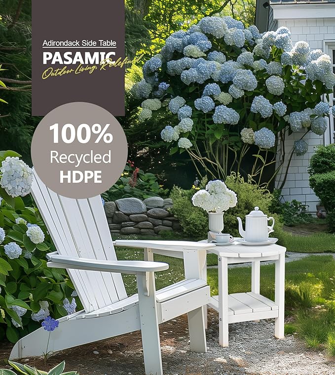 PASAMIC 2-Tier Adirondack Oval Outdoor Side Table, HDPE Small Outdoor Table, Patio End Table for Patio, Backyard, Weather-Resistant (White)