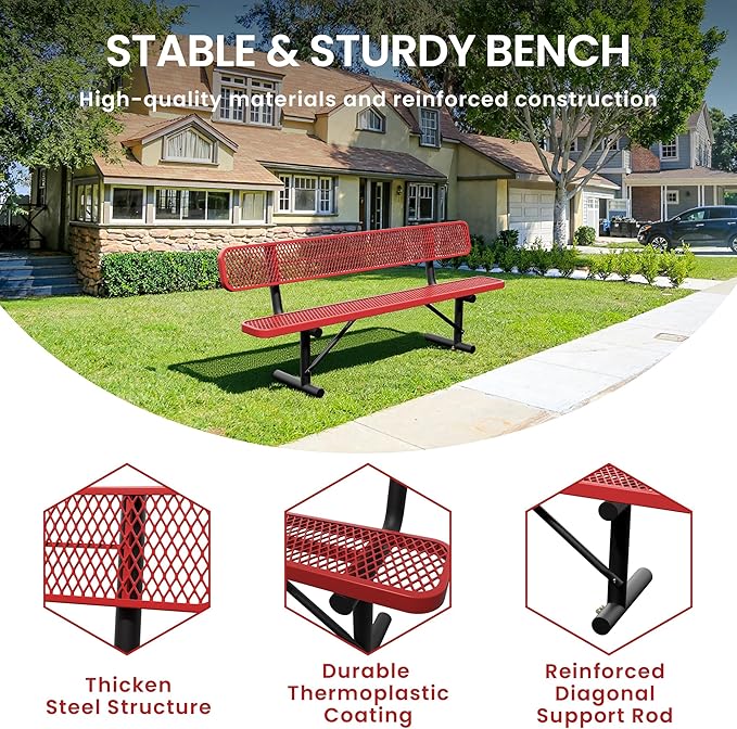 8 Feet Steel Park Bench for Outside, Outdoor Bench with Backrest & Portable Frame, Commercial Benches for Shopping Malls, Stores, Parks, Patios, Decks, Red