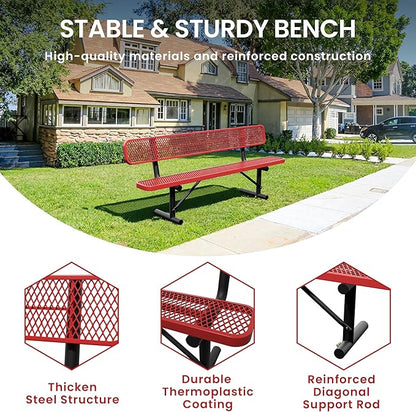 8 Feet Steel Park Bench for Outside, Outdoor Bench with Backrest & Portable Frame, Commercial Benches for Shopping Malls, Stores, Parks, Patios, Decks, Red
