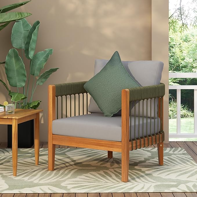 Christopher Knight Home Vinny Acacia Wood Club Chair, Outdoor Accent Chair, Handwoven Rope Armchair with Removable Cushions, Comfort Seating Single Reading Sofa for Garden Backyard Porch, Green+Gray