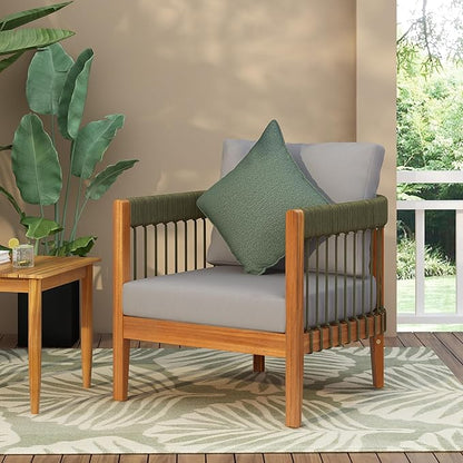 Christopher Knight Home Vinny Acacia Wood Club Chair, Outdoor Accent Chair, Handwoven Rope Armchair with Removable Cushions, Comfort Seating Single Reading Sofa for Garden Backyard Porch, Green+Gray