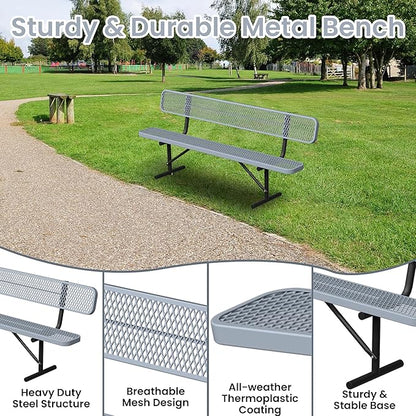 8ft Park Bench with Backrest, Gray Heavy Duty Outdoor Metal Bench Weatherproof Steel Long Playground Bench Seats, Commercial Garden Benches Dock Benches for Lawn, Park, Deck,Patio, Porch