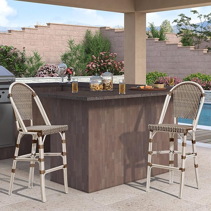 PURPLE LEAF French Bar Stool Set of 2 White Print Finish Patio Bar Stools with Back Rattan Chairs Wicker Bar Height - Photo 2