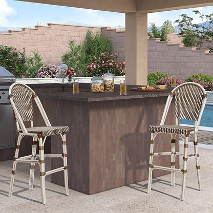 PURPLE LEAF French Bar Stool Set of 4 White Print Finish Patio Bar Stools with Back Rattan Bar Chairs Wicker Bar Height Stool 30" with Footrest Kitchen Island Stools Outdoor Barstool Brown