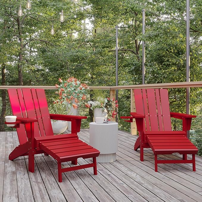 Flash Furniture Halifax Poly Resin Adirondack Chair with Cup Holder and Pull Out Ottoman, All-Weather Poly Resin Indoor/Outdoor Lounge Chair, Set of 2, Red