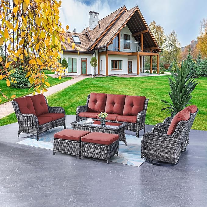 Rilyson Wicker Patio Furniture Set - 7 Piece Rattan Outdoor Sectional Conversation Sets with 2 Rocking Swivel Chairs - Photo 7