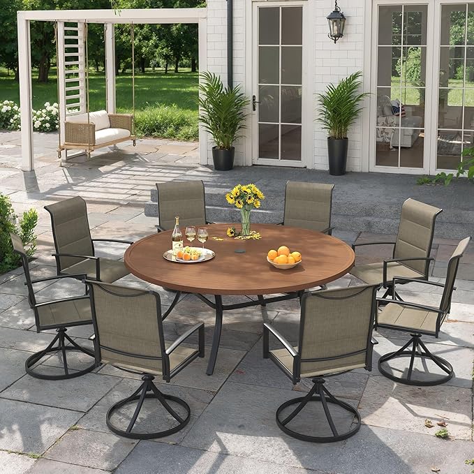 VICLLAX 60" Outdoor Round Patio Dining Table for 8-10, All Weather Metal Dining Table with Umbrella Hole for Deck Lawn Garden Backyard, Walnut