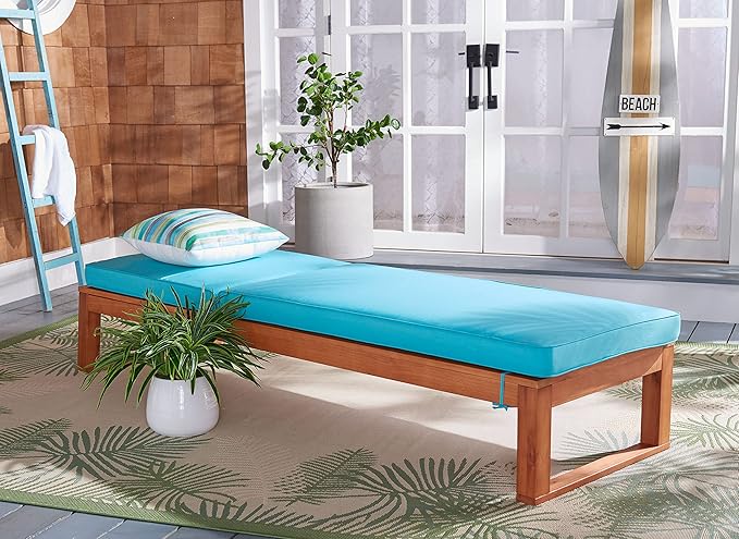 SAFAVIEH Outdoor Collection Solano Natural Brown Solid Wood/Aqua Blue Cushion Patio Adjustable Chaise Lounge Chair (PAT7024Q)