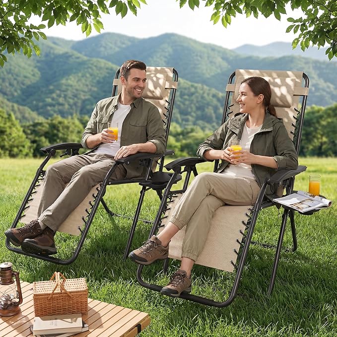 Set of 2 Adjustable Zero Gravity Lounge Chairs Outdoor Recliner w/Cup Holder Tray & Removable Pillows, Ergonomic Reclining Chair for Camping Patio Lawn Balcony (Beige-Brown)