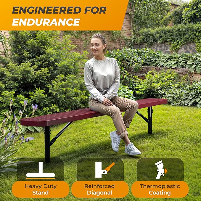 Heavy-Duty Outdoor Metal Bench, Thermoplastic-Coated, Inground, Weatherproof, Commercial-Grade for Parks, Gardens - Photo 4