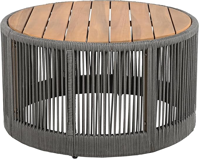 Christopher Knight Home Aueket Rustic Acacia Wood Coffee Table, 26" Round Farmhouse Outdoor Patio Center Table, Boho Home Decor, Iron Frame Rope Design, 220lbs Capacity, Easy Assembly, Teak+ Gray