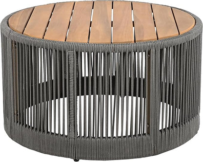 Christopher Knight Home Aueket Rustic Acacia Wood Coffee Table, 26" Round Farmhouse Outdoor Patio Center Table, Boho Home Decor, Iron Frame Rope Design, 220lbs Capacity, Easy Assembly, Teak+ Gray