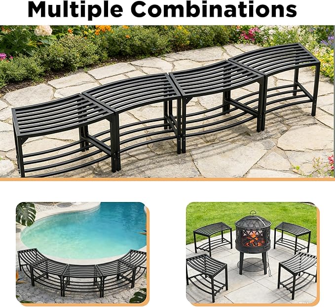 Heavy-Duty Outdoor Metal Benches Set of 4, Backless Curved Fire Pit Seating with Weatherproof, Quick Assembly for Patio - Photo 3