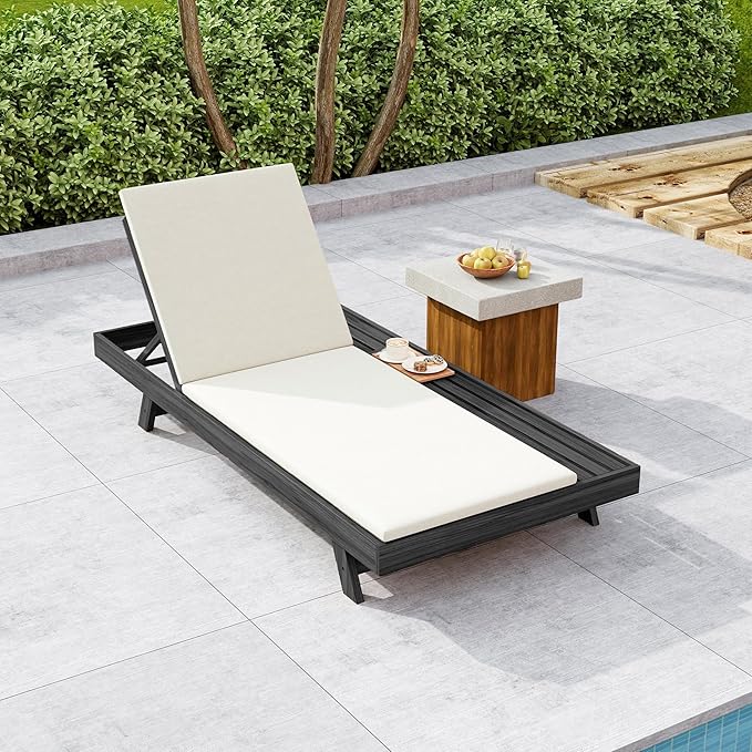 Christopher Knight Home Dami Patio Chaise Lounge Chair Outdoor with 2-Thick Cushion, Acacia Wood Poolside Sun Lounger with Space Available On One Side, Adjustable Backrest Pool Lounger, Black + Cream
