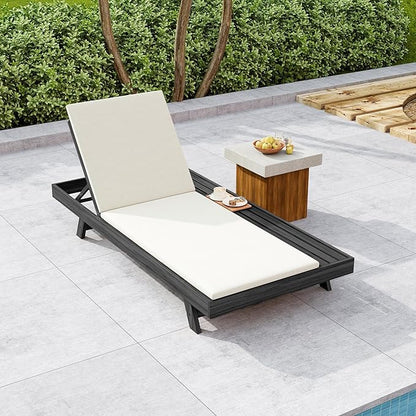 Christopher Knight Home Dami Patio Chaise Lounge Chair Outdoor with 2-Thick Cushion, Acacia Wood Poolside Sun Lounger with Space Available On One Side, Adjustable Backrest Pool Lounger, Black + Cream