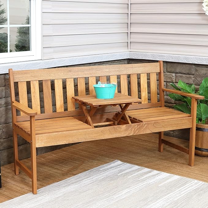 Sunnydaze Meranti Wood Outdoor Patio Bench with Built-in Pop-Up Table - Teak Oil Finish - 60-Inch