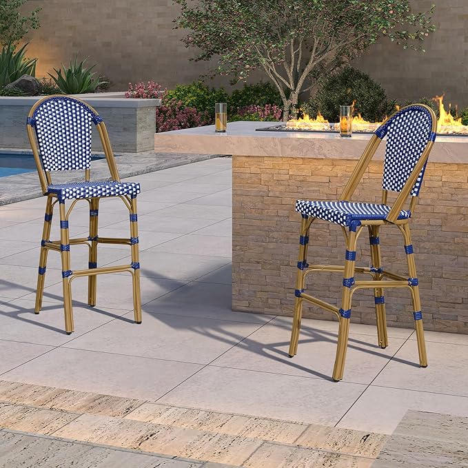 PURPLE LEAF French Bar Stool Set of 4 Bamboo Print Finish Patio Bar Stools with Back Rattan Bar Chairs Wicker Bar - Photo 3