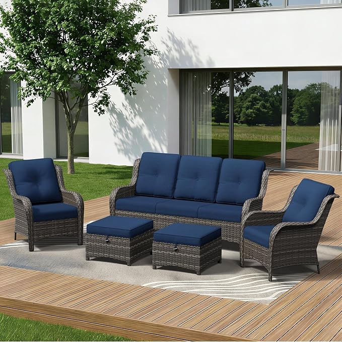5 Piece Outdoor Wicker Patio Furniture Set, Patio Chairs Set with Thickened Olefin Cushions, High Back and Deep Seating - Photo 1