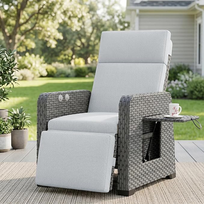 Restland Outdoor Recliner with Independent Adjustable Back & Footrest Wicker Patio Reclining Chair with Flip Table - Photo 1