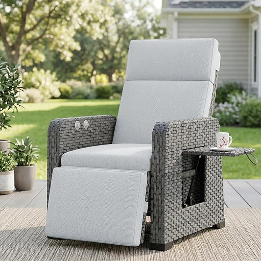 Restland Outdoor Recliner with Independent Adjustable Back & Footrest Wicker Patio Reclining Chair with Flip Table Comfortable Lounge Chair & Thick Cushion for Deck, Porch (Grey)