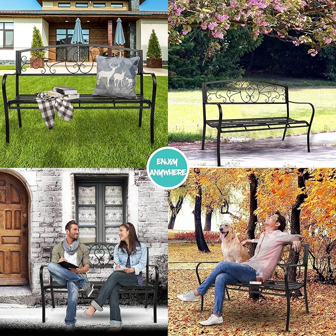 JOYBASE 50" Outdoor Bench, 2-3 People Seat, Metal Patio Bench, Cast Iron Bench, Porch Bench, Garden Bench, 530lbs Weight Capacity, Black