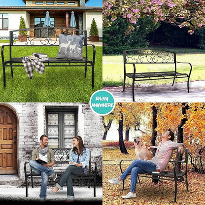 JOYBASE 50" Outdoor Bench, 2-3 People Seat, Metal Patio Bench, Cast Iron Bench, Porch Bench, Garden Bench, 530lbs Weight Capacity, Black