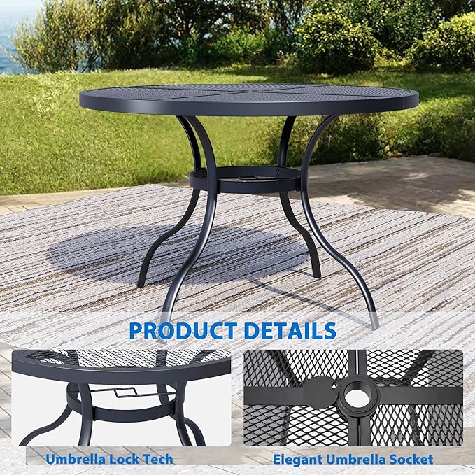 47'' Outdoor Patio Dining Table with Adjustable Umbrella Hole, Mesh Tabletop Round Table, Heavy Duty 400lbs Capacity - Photo 3