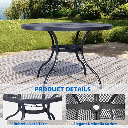 47'' Outdoor Patio Dining Table with Adjustable Umbrella Hole, Mesh Tabletop Round Table, Heavy Duty 400lbs Capacity, for Deck, Balcony, Bistro, Black