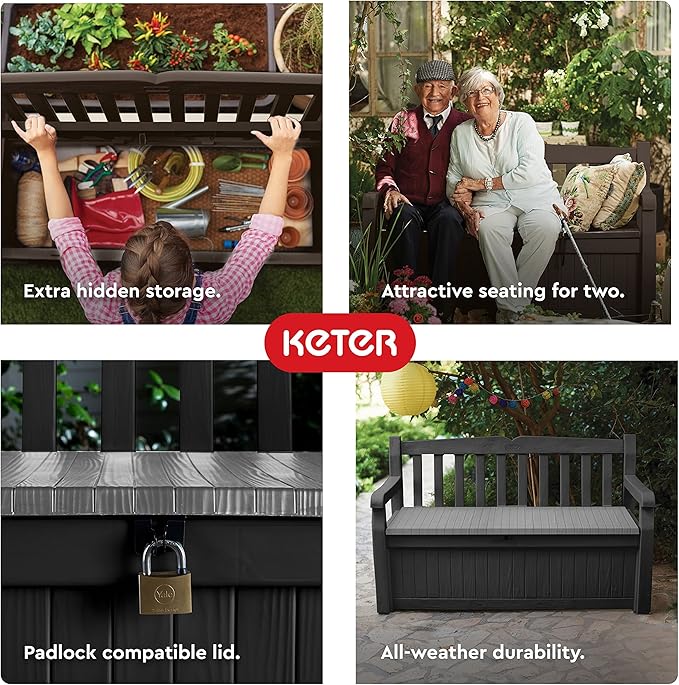 Keter Solana 70 Gallon Storage Bench Deck Box for Patio Furniture, Front Porch Decor and Outdoor Seating – Perfect to Store Garden Tools, Brown/Brown