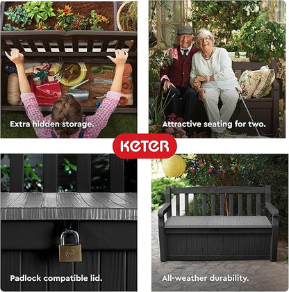 Keter Solana 70 Gallon Storage Bench Deck Box for Patio Furniture, Front Porch Decor and Outdoor Seating – Perfect to Store Garden Tools, Brown/Brown