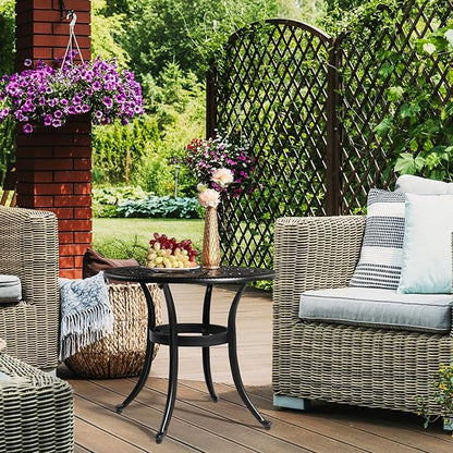 VINGLI 23.6" Cast Aluminum Round Patio Table with Umbrella Hole - All Weather Outdoor Bistro & End Table (Black)