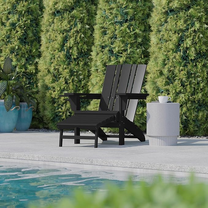 Flash Furniture Halifax Poly Resin Adirondack Chair with Cup Holder and Pull Out Ottoman, All-Weather Poly Resin Indoor/Outdoor Lounge Chair, Black