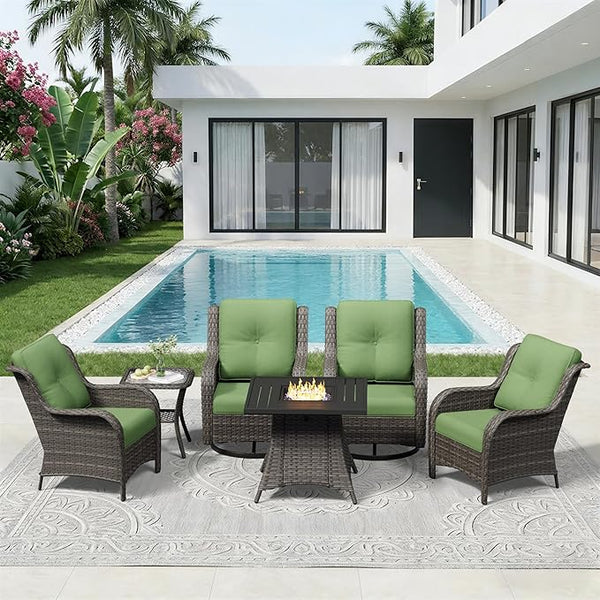 6 Pieces Outdoor Wicker Patio Furniture Set with Fire Pit Table, Patio Chair Set with Thickened Olefin Cushions - Photo 1