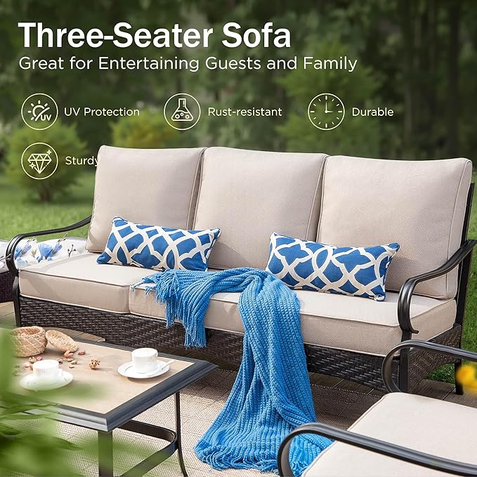 PHI VILLA Wicker & Metal Outdoor Patio Couch, 3-Seat Patio Sofa with Deep Seating for Front Porch, Deck, Balcony - Photo 3