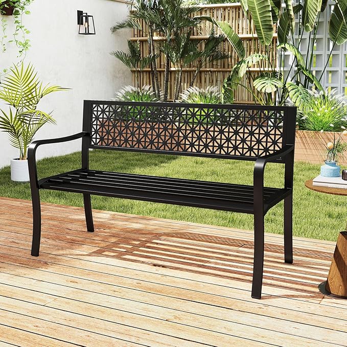 Tangkula Metal Outdoor Park Bench, 50 Inches Patio Garden Bench with Patterned Backrest and Curved Armrests, 2-3-Person Patio Bench, Outdoor Metal Loveseat Chair for Porch, Lawn, Yard and Park