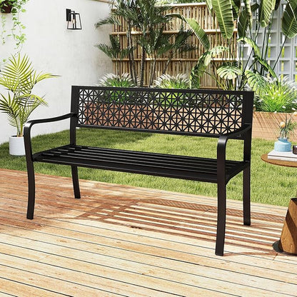 Tangkula Metal Outdoor Park Bench, 50 Inches Patio Garden Bench with Patterned Backrest and Curved Armrests, 2-3-Person Patio Bench, Outdoor Metal Loveseat Chair for Porch, Lawn, Yard and Park