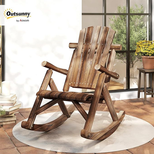 Outsunny Outdoor Wooden Rocking Chair, Single-Person Adirondack Rocking Patio Chair with Rustic High Back, Slatted Seat and Backrest for Indoor, Backyard, Garden, Carbonized