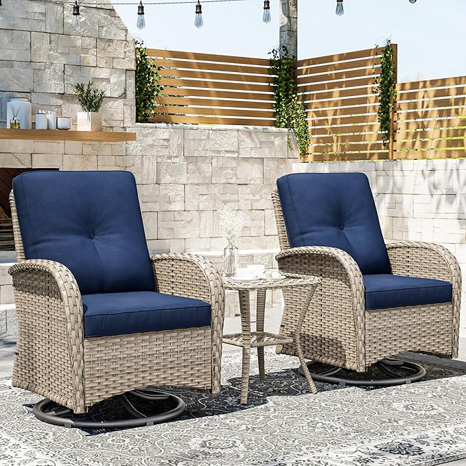 Joyside Outdoor Swivel Rocker Chairs, 3 Piece Wicker Patio Set with Thickened Cushions, High Back, Deep Seating - Photo 2