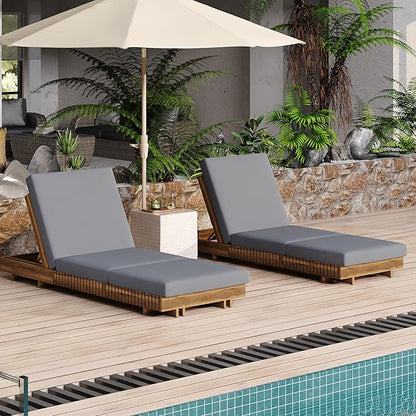 Merax 2-Piece Acacia Wood Chaise Lounge Set w/ 6-Position Adjustable Backrest & Cushion - Outdoor Patio Poolside Furniture, Grey