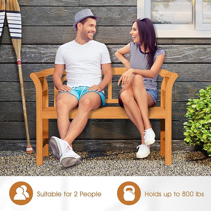 RELAX4LIFE Acacia Wood Outdoor Bench - 2 Person Patio Loveseat with Backrest and Armrests, 47 inch Garden Bench for Porch, Backyard, Poolside and Lawn, 800 lbs Weight Capacity