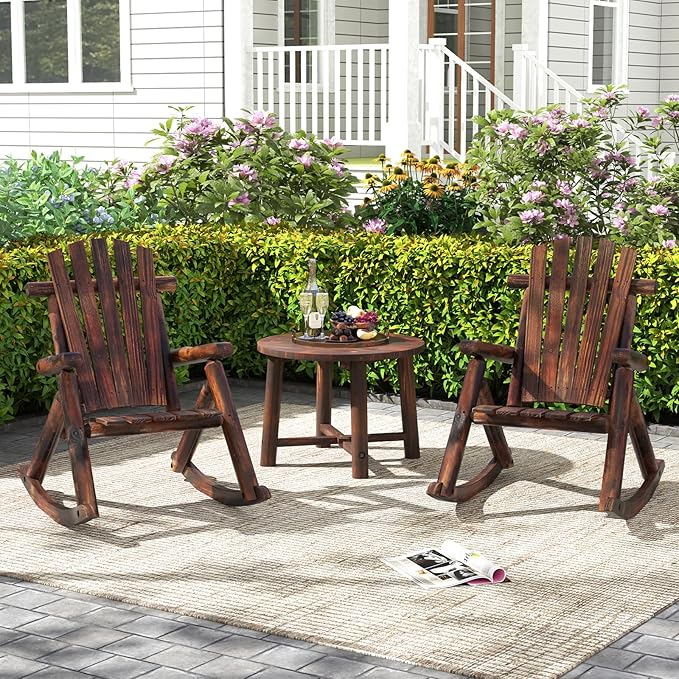 Tangkula Wood Outdoor Rocking Chairs Set of 2, Outside Adirondack Rocker with High Back and Slatted Seat, Oversized Porch Rocking Chair for Balcony, Garden, Backyard, Patio