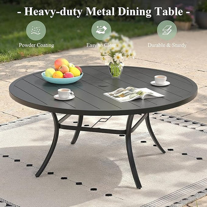 Outdoor Dining Table for 8, 53" Round Outdoor Table with Adjustable Umbrella Hole, All-Weather Metal Patio Dining Table for Lawn Garden Backyard Deck, Black