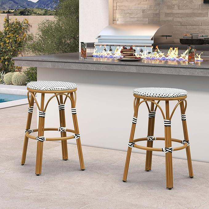 PURPLE LEAF Outdoor French Round Bar Stool Set of 2 Oversized 30" Armless Stackable Rattan Barstools Bamboo Print - Photo 2