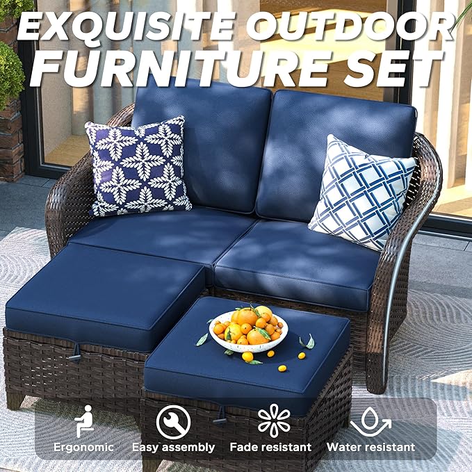 3 Pieces Patio sectional Sofa Set, Outdoor Conversation Furniture Set, 55" Patio Couch with 2 Ottomans - Photo 4