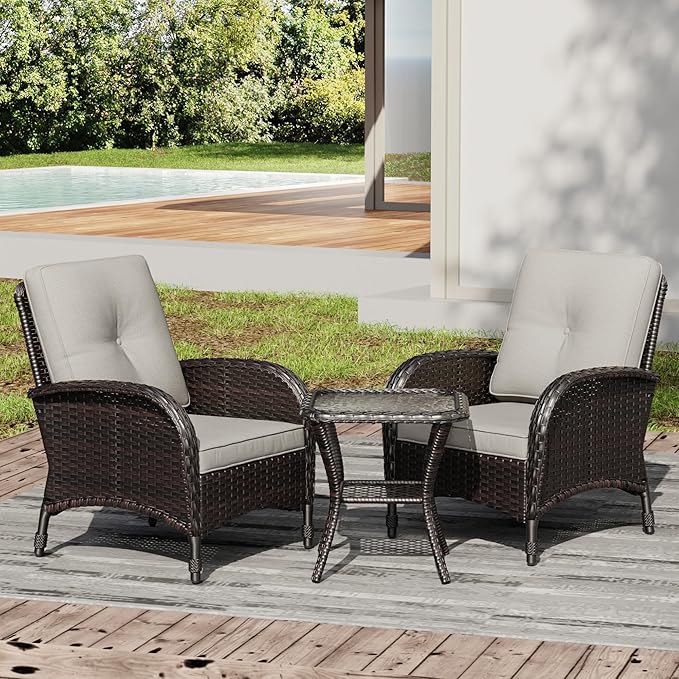 Joyside Wicker Patio Chairs, 3 Piece Rattan Outdoor Furniture with Thickened Cushions, High Back, Deep Seating - Photo 1
