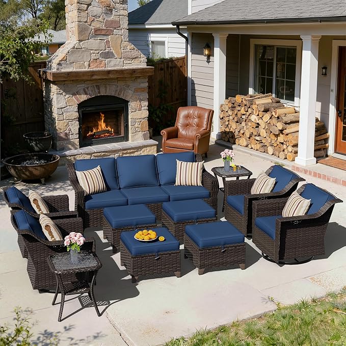 11 Pieces Patio Conversation Furniture Set - 1 Sofa, 4 Ottomans, 4 Swivel Chairs, 2 Side Tables - Photo 6