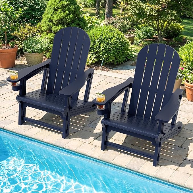 Shintenchi Adirondack Chairs Set of 2,HDPE Adirondack Chair w/Removable Tablelop & Umbrella Hole,All-Weather Wooden Textured Plastic Outdoor Chairs w/Cup Holder for Garden Backyard Pool,Dark Blue
