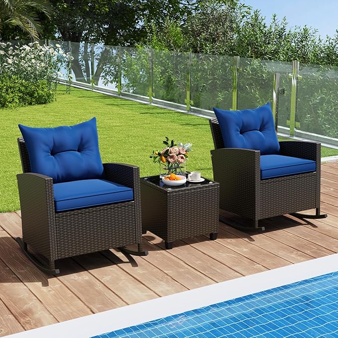 Tangkula 3 Piece Wicker Rocking Set, Patio Rattan Roker Chairs with Tempered Glass Table & Soft Cushions - Photo 3